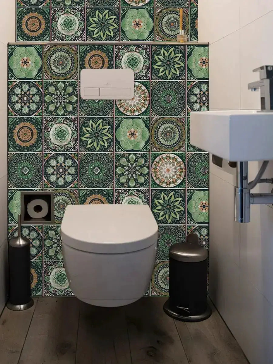 Tile self-adhesive wall stickers, 24pc set in green mandala designs for bathroom backsplash by Simples Market
