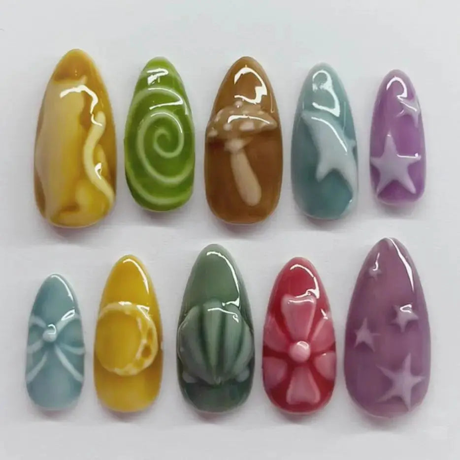 Spicy Girl Flower Print Press On Nails 24Pcs Wine Red Blush Almond Wearable Reusable False Nail Tips For Summer