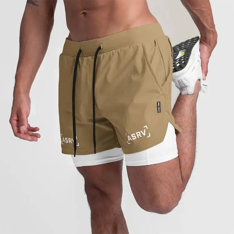 ASRV 2-in-1 quick-dry gym shorts in tan with black drawstrings and white inner liner.