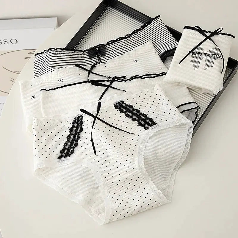 White dotted lace panties set with bow accents for women, M-XL, assorted styles
