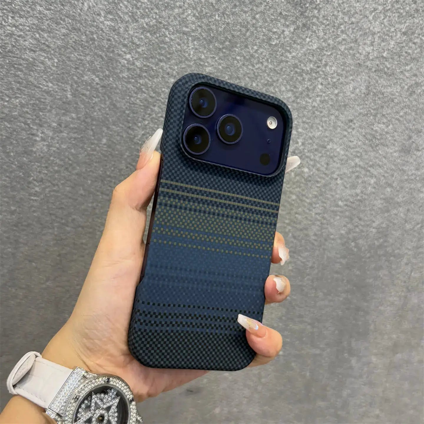 Simples Market frameless carbon fiber Kevlar MagSafe iPhone case in dark blue with checker texture