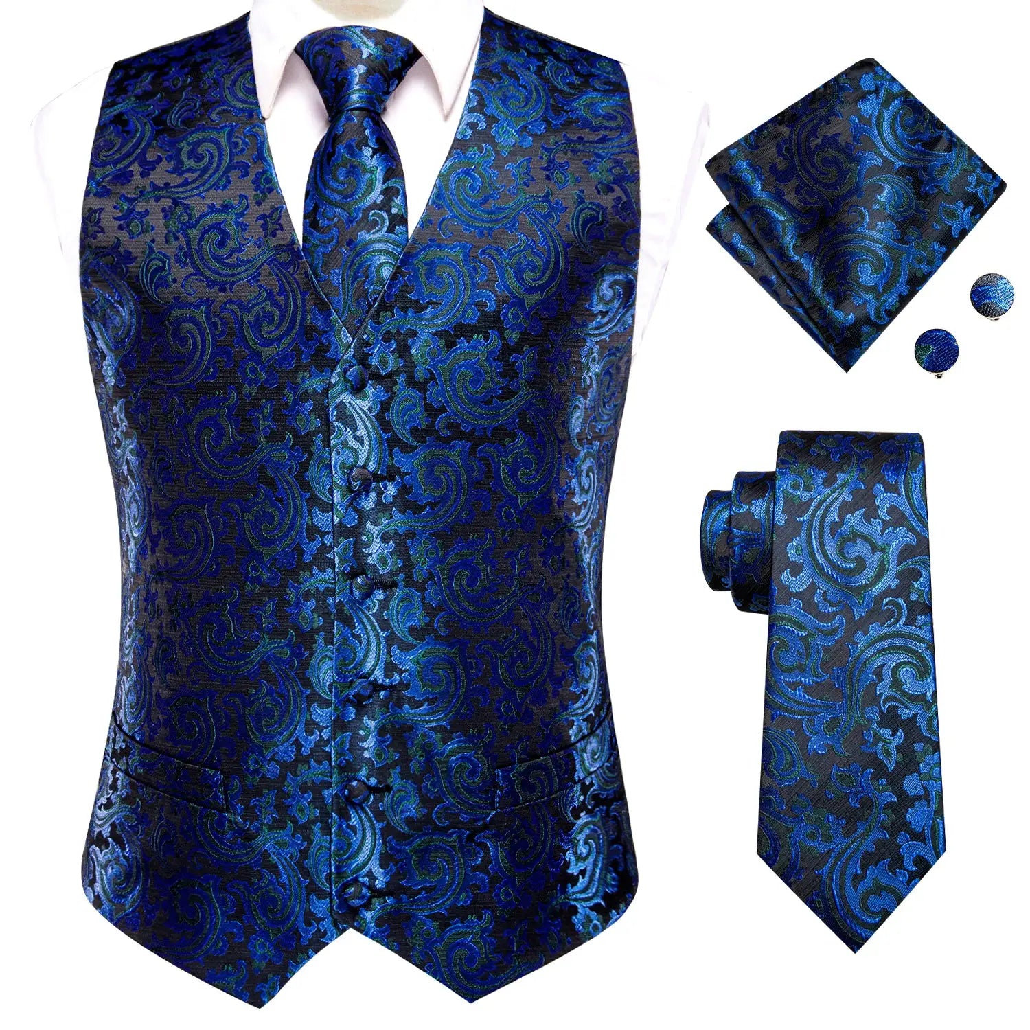 Simples Market men's wedding vest set in blue-green paisley with matching tie, pocket square, and cufflinks