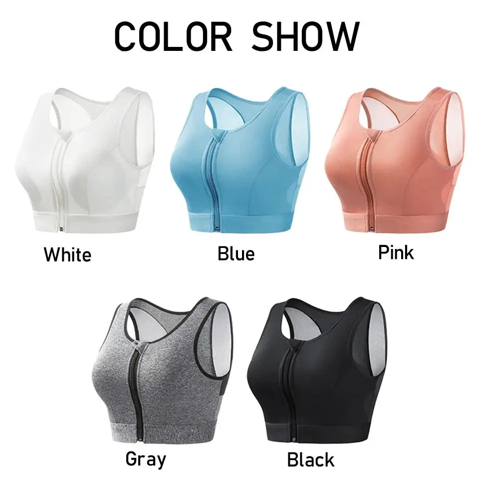 Plus-size sports bra by Simples Market with front-closure, longline padded design in White, Blue, Pink, Gray, Black