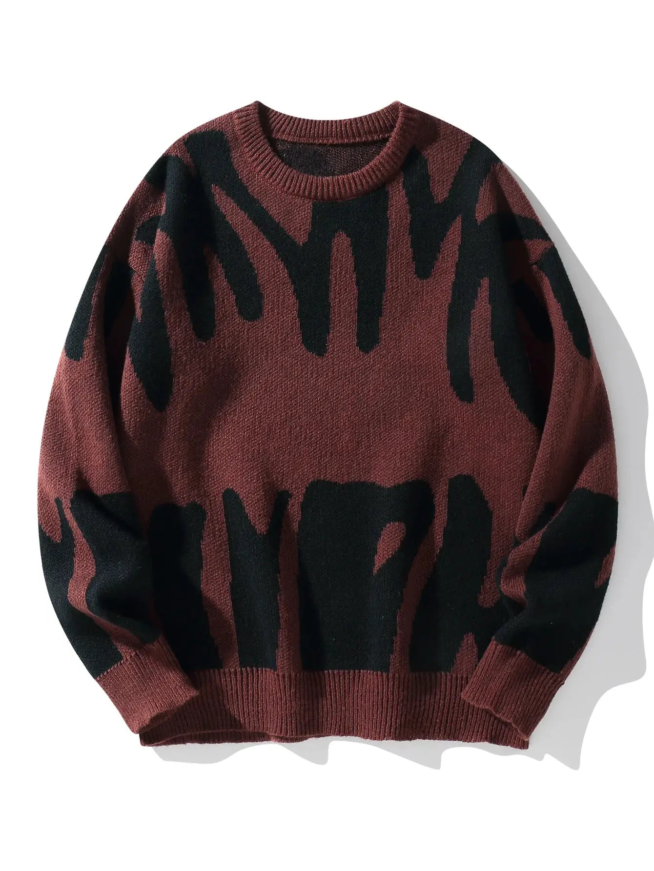 Men's knit pullover sweater with burgundy and black irregular jacquard pattern, round neck