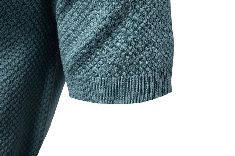 Men's golf polo shirt, teal knitted sleeve with ribbed cuff, Simples Market.