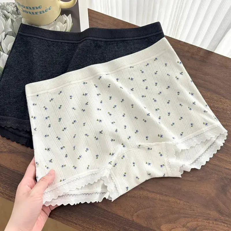 2pcs women's mid-waist lace-trim boxer shorts, white floral print and black charcoal pair, breathable fabric