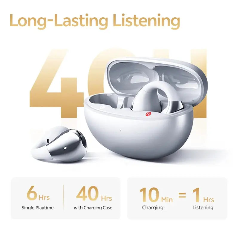 QCY Crossky C30S open-ear wireless earbuds with charging case in white, 40Hrs playtime