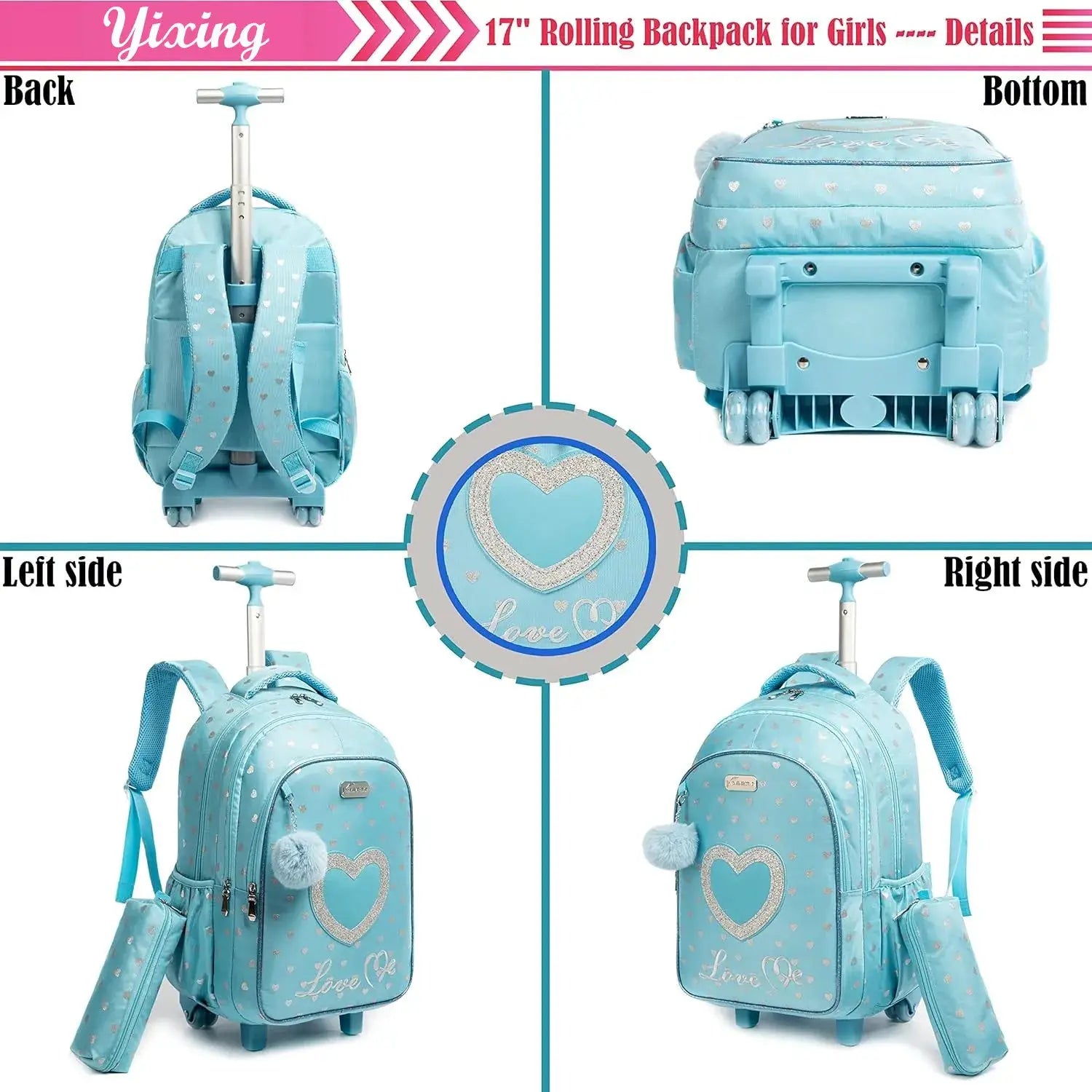 Simples Market children's blue rolling backpack for girls with wheels; glitter heart pattern.