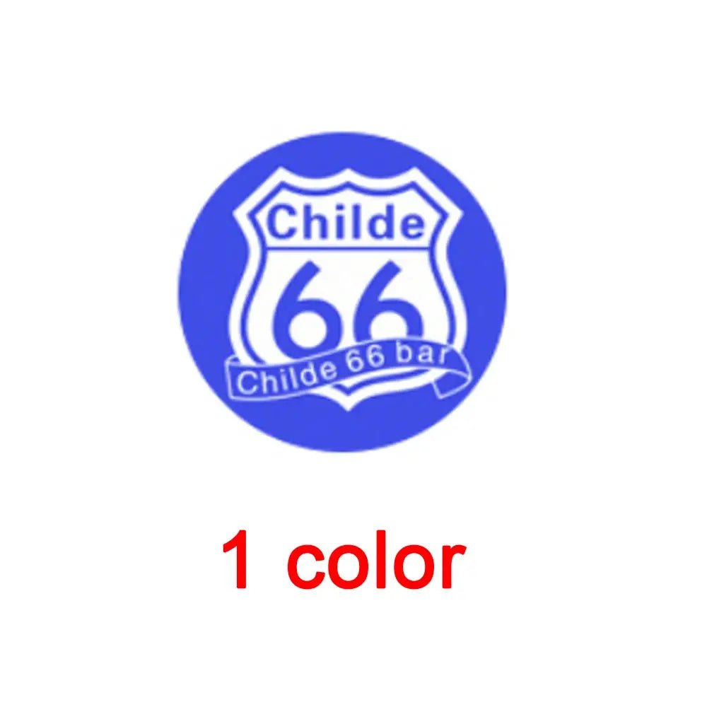 Custom gobo projector light showing a blue circular badge logo with the Childe 66 bar shield, 1 color