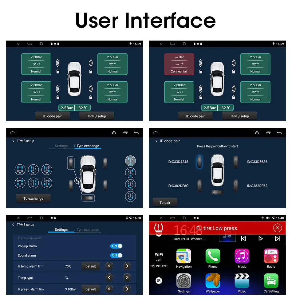 JMCQ USB Android TPMS display alarm system with 5 external/internal sensors for car navigation radios