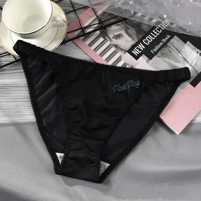 Girls black satin panties with PinkPlay embroidery, elastic waistband briefs.