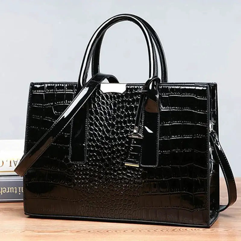 Handbag with black crocodile-pattern PU leather, top handles and detachable shoulder strap; large-capacity tote.
