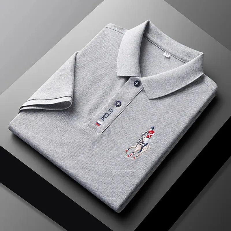 Men's light gray polo shirt with embroidered polo pony logo, short sleeves