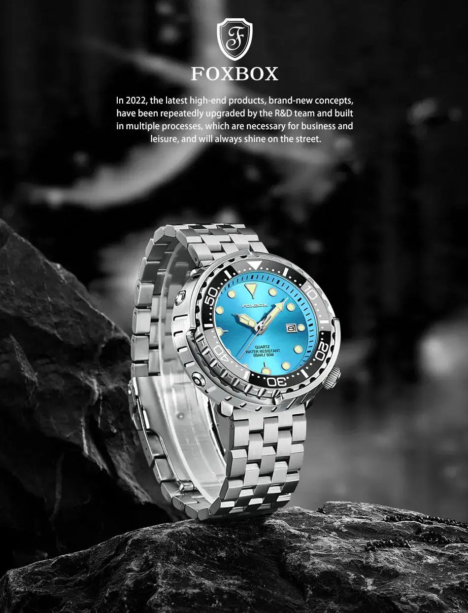 FOXBOXE quartz men's stainless steel sport watch with blue dial, date window, luminous hands, 5ATM water resistant