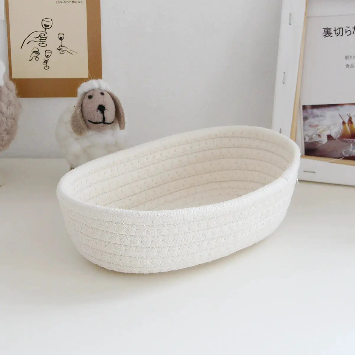 Woven storage basket, oval white desk organizer for cosmetics and sundries