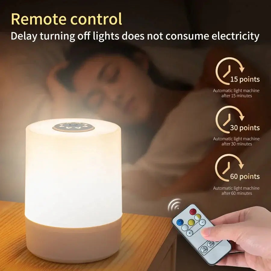 Bedside LED touch night light, white cylindrical lamp, dimmable and rechargeable with remote