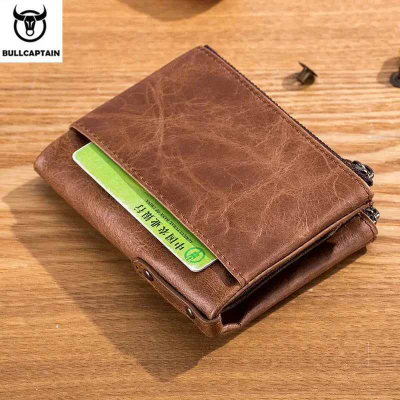BULLCAPTAIN retro brown leather men's wallet with zipper, RFID card holder