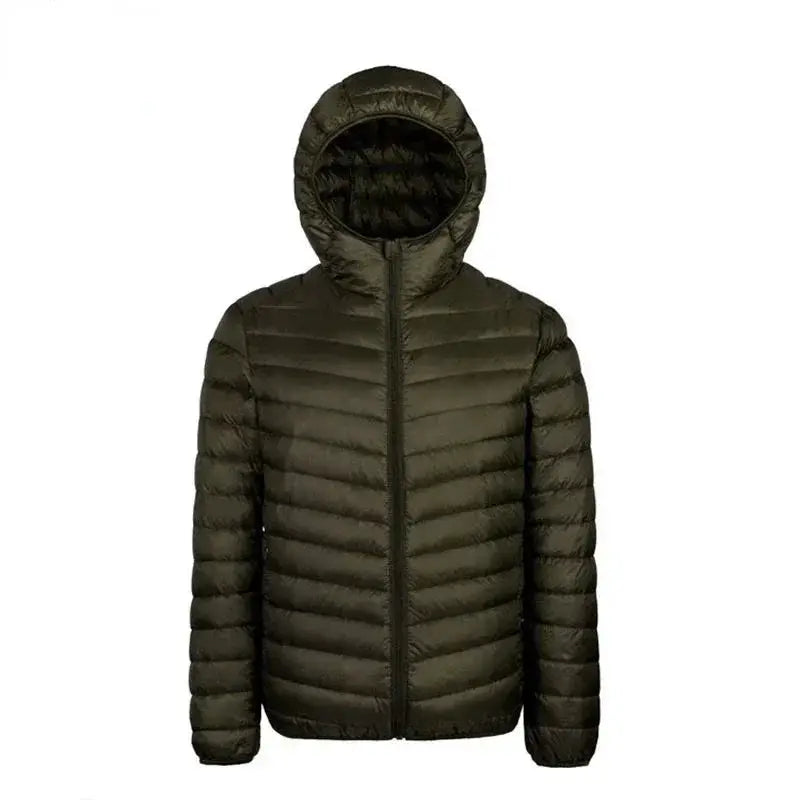 Down jacket hooded men's dark olive quilted puffer coat
