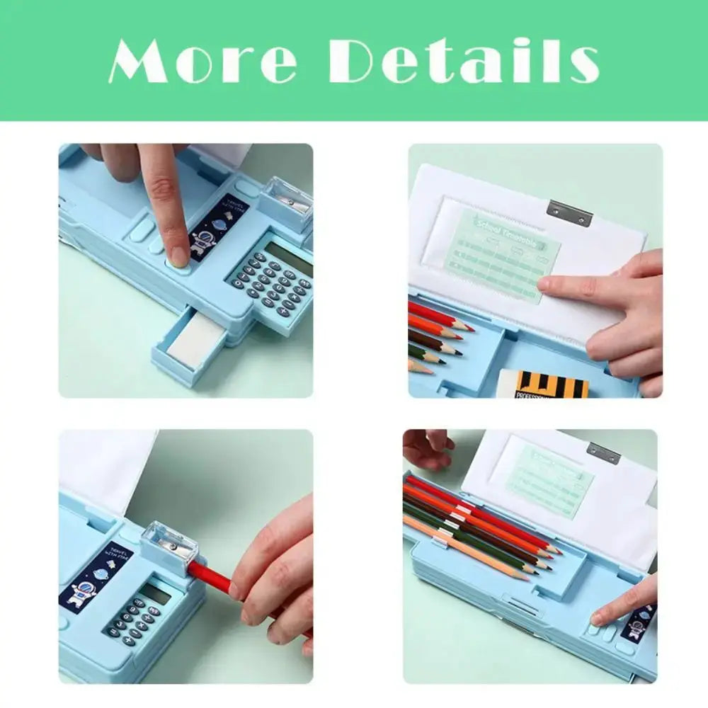 Simples Market blue plastic pencil case with built-in calculator and sharpener, double-sided multi-functional pencil bag