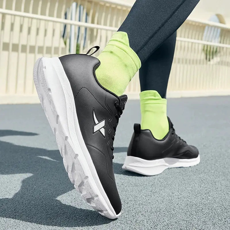 Xtep men's black leather running shoes with white sole and logo