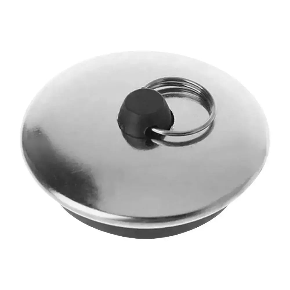 Stainless steel bath plug with rubber stopper and metal ring