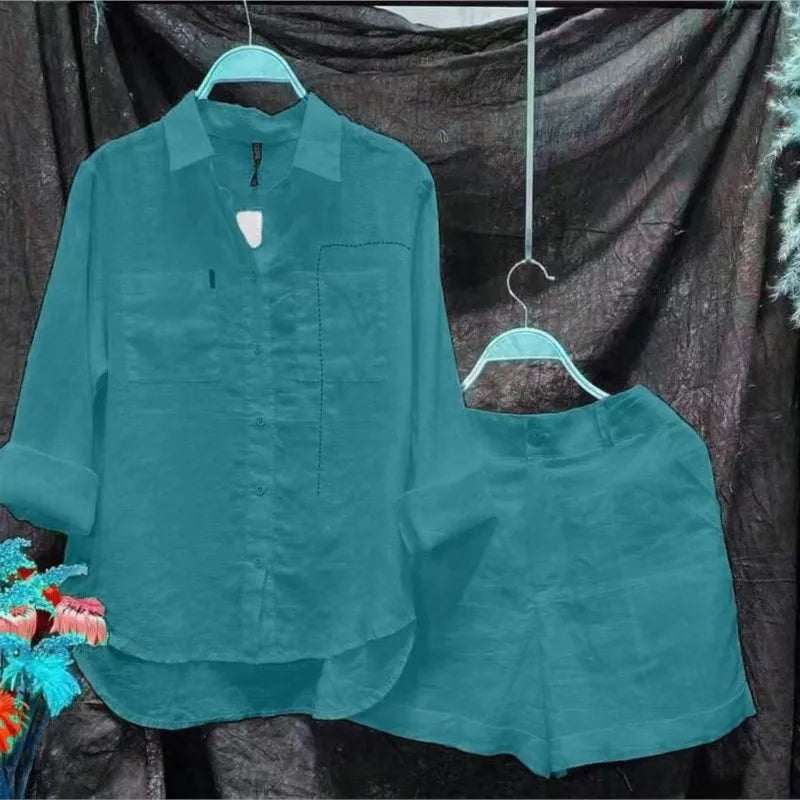 Cotton Linen White Long Sleeve Shirt And Shorts Set For Women