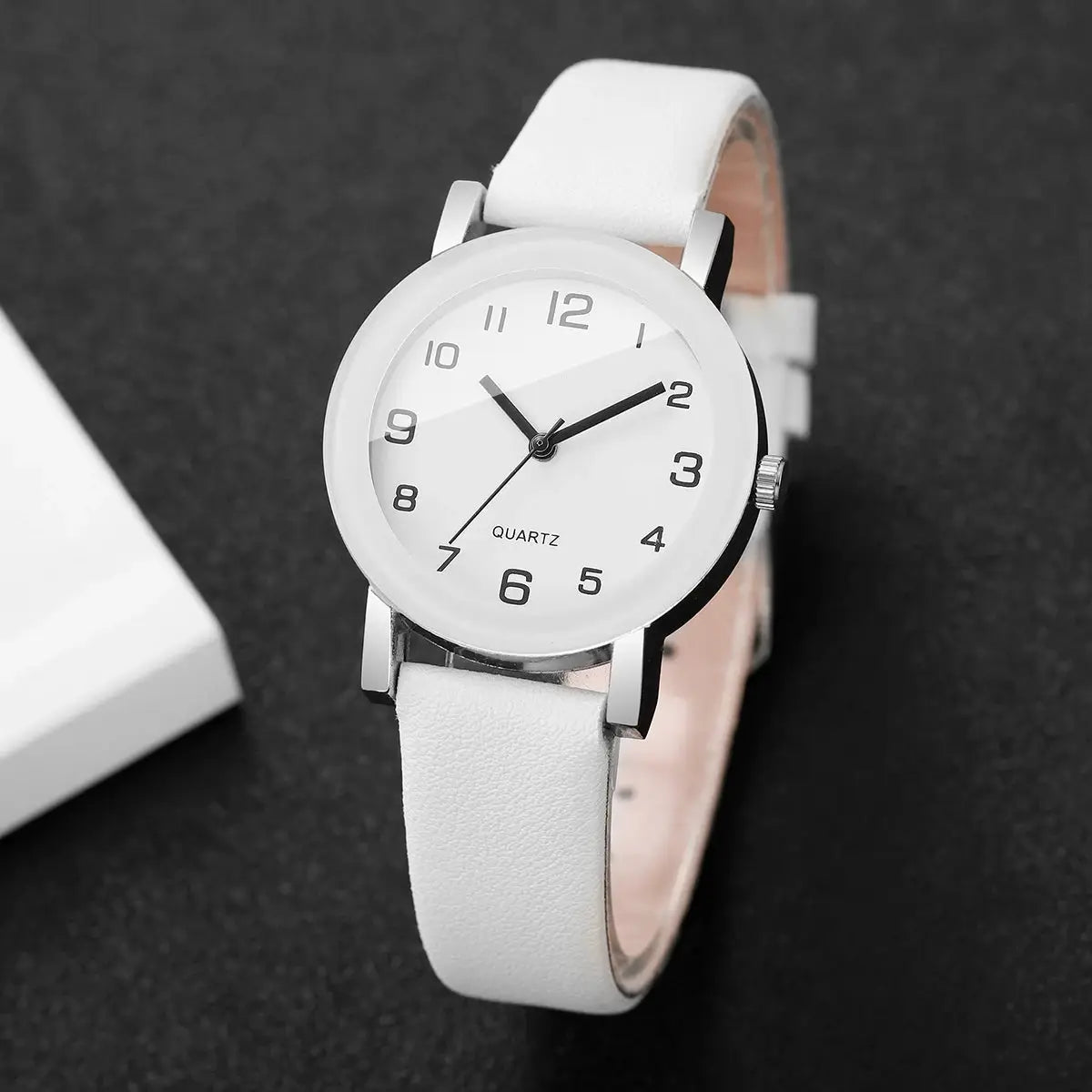 Simples Market white leather strap couple's quartz wristwatch with silver case and Arabic numeral dial