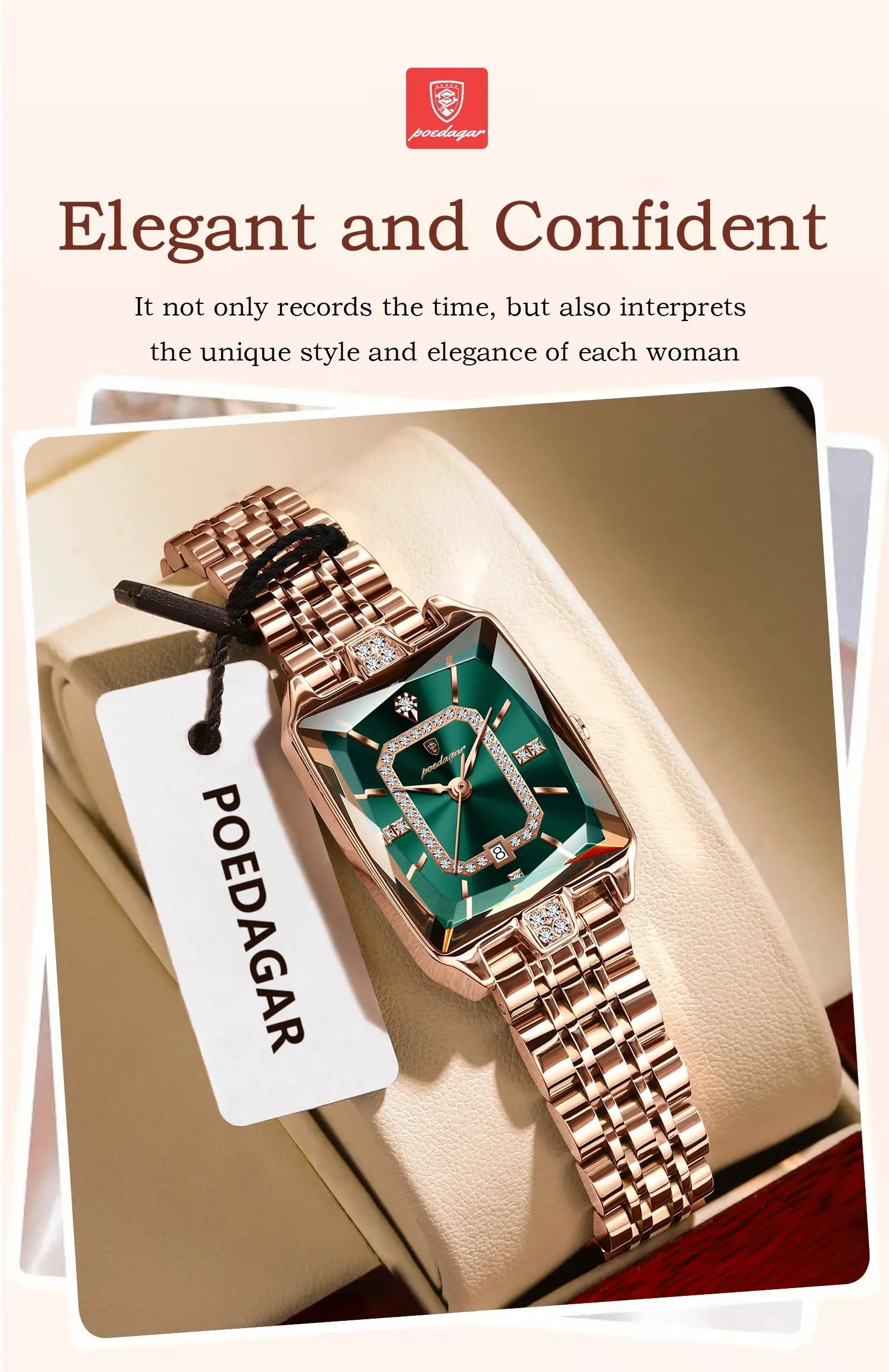 POEDAGAR luxury women's watch; rose-gold stainless steel bracelet, emerald-green dial with diamond bezel