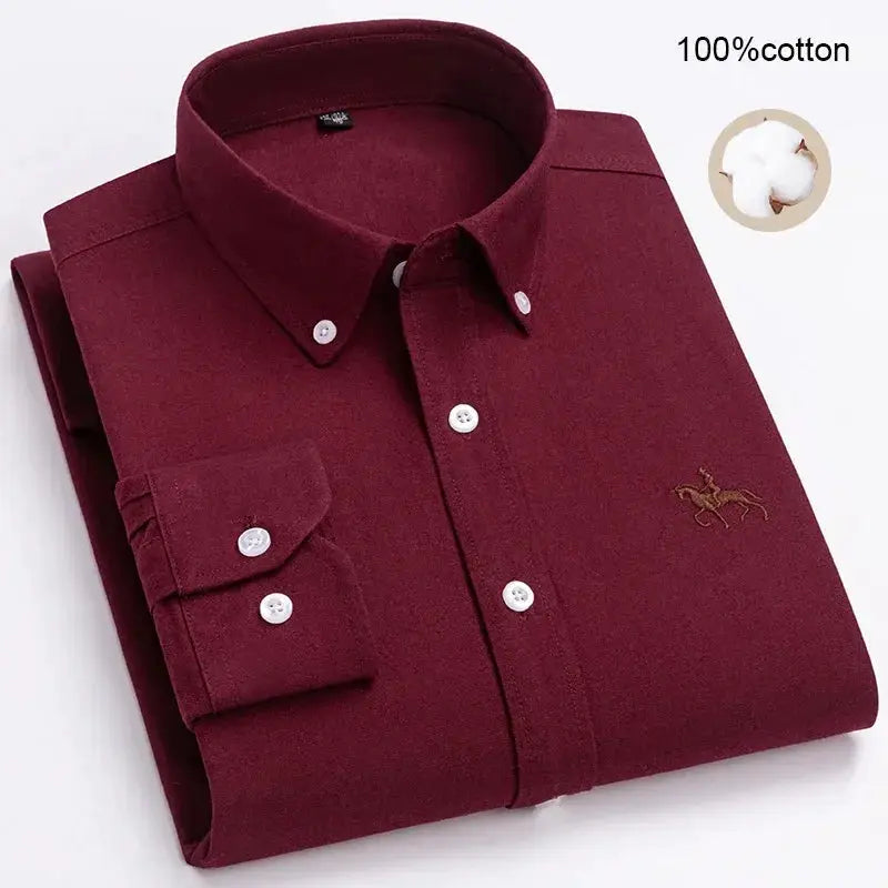 Men's burgundy 100% cotton Oxford shirt, long sleeve with button-down collar, embroidered horse logo