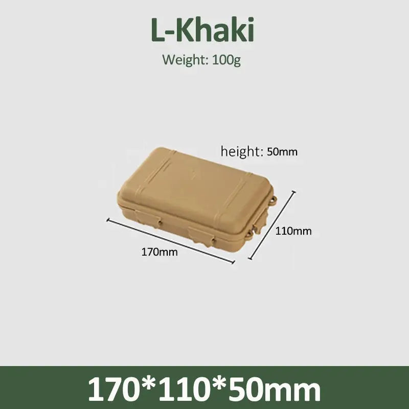 Survival box, khaki plastic waterproof sealed case, 170x110x50mm, 100g