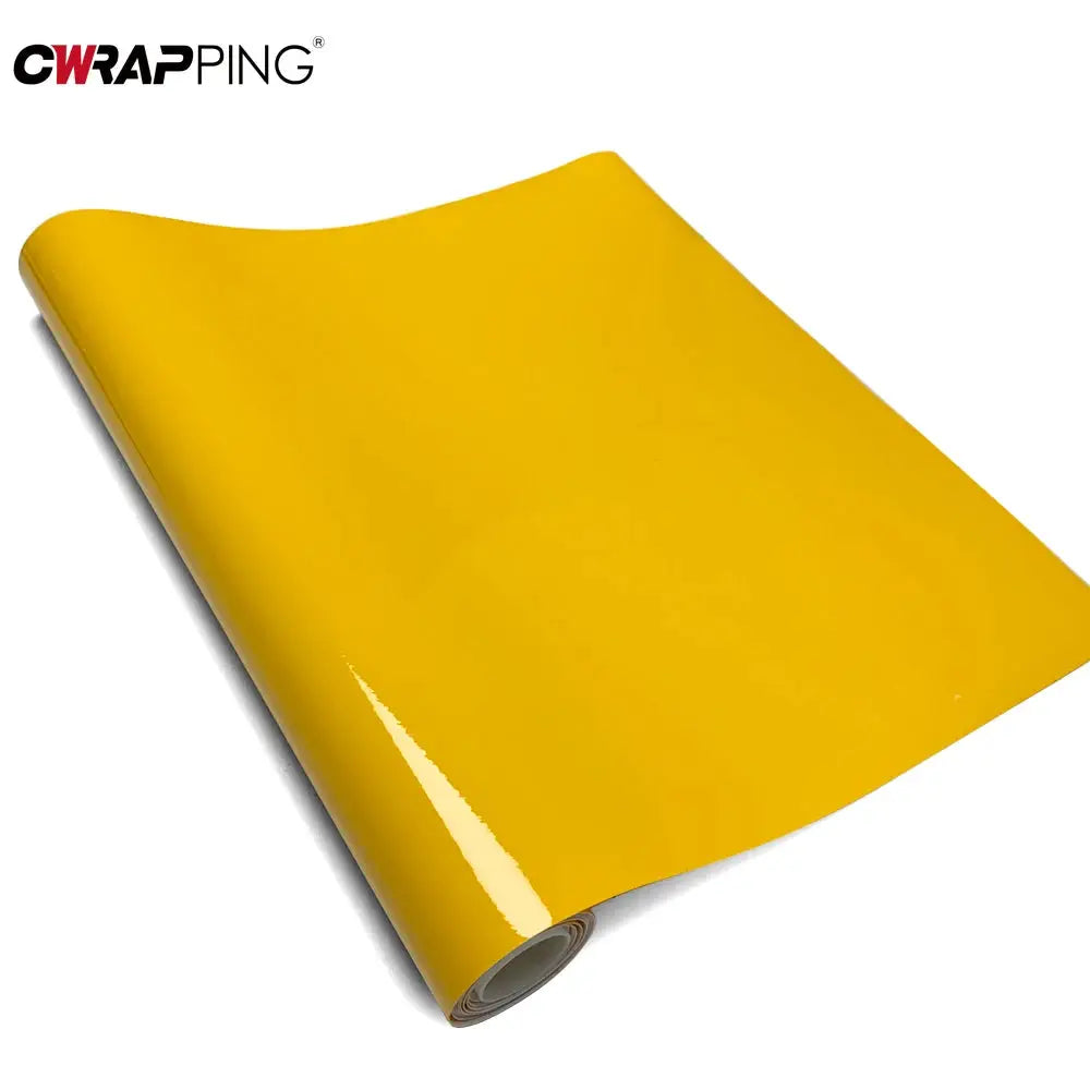 Glossy yellow car wrap vinyl roll with the CWRAPPING logo