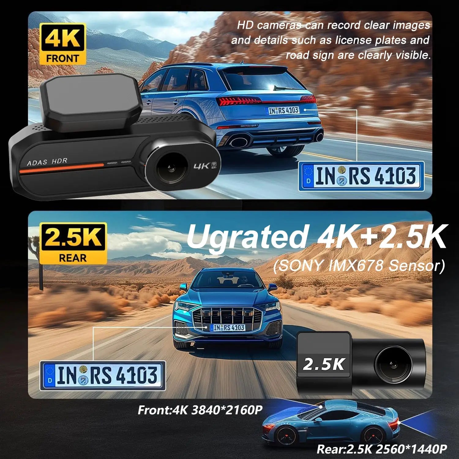 Simples Market dash cam, black, 4K front + 2.5K rear with ADAS for car