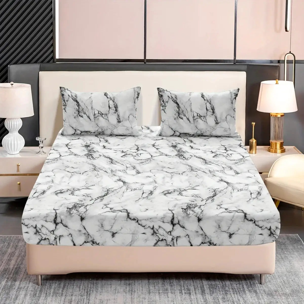 3-piece marble print fitted sheet set with two pillowcases in white marble pattern, microfiber fabric