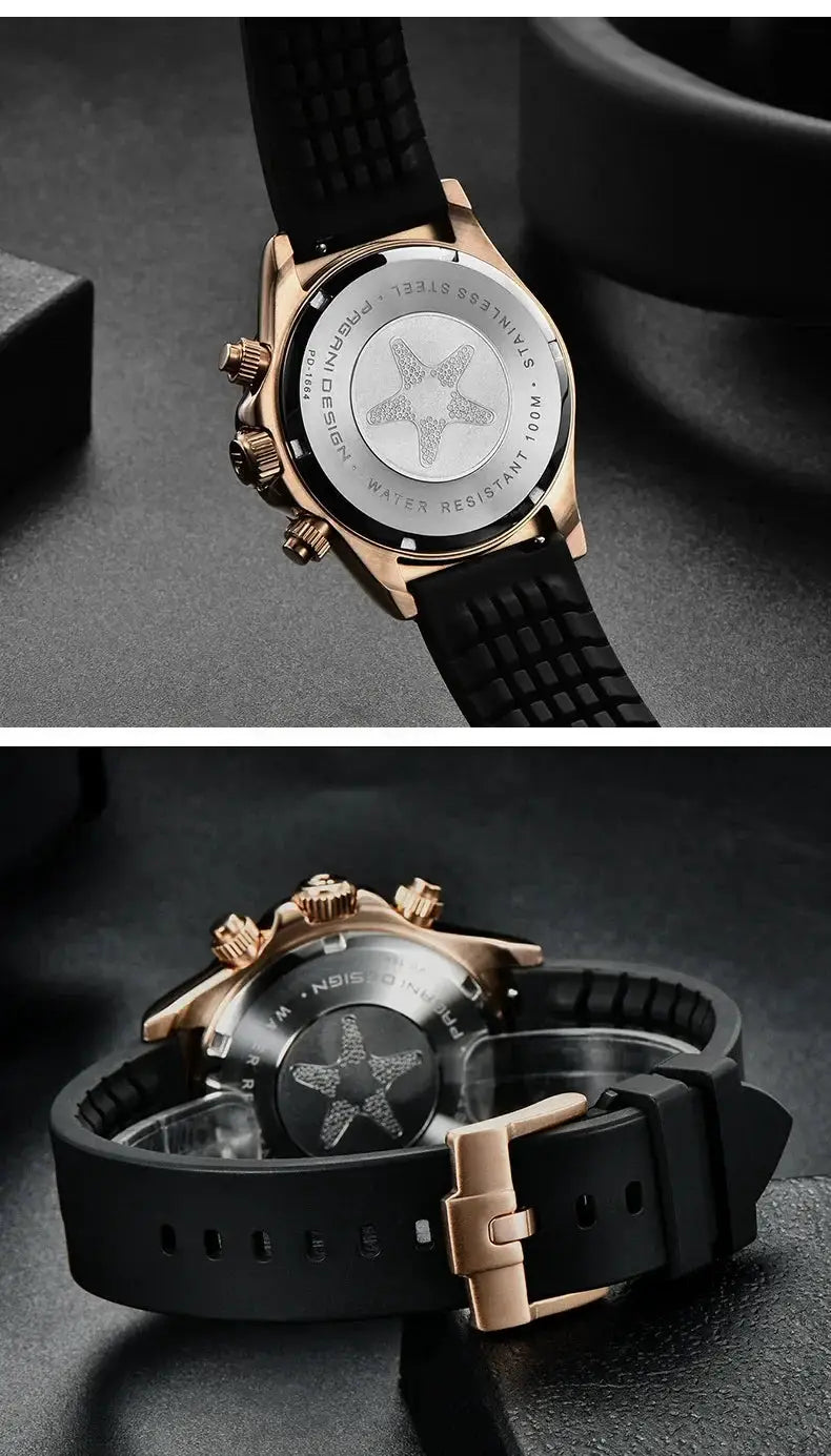 Pagani Design 40mm watch with rose-gold stainless steel case and black rubber strap, water resistant 100m