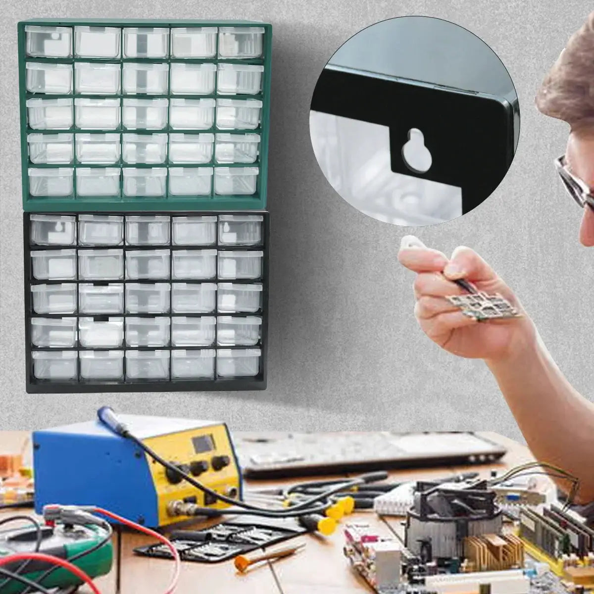 25-grid wall-mounted drawer parts box; two boxes with transparent bins, green top and black bottom.
