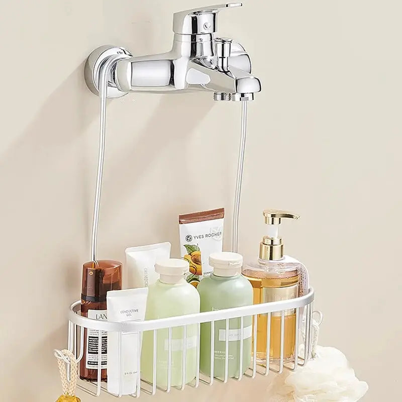 Simples Market shower caddy hanging organizer with chrome finish, faucet-mounted basket for bath bottles
