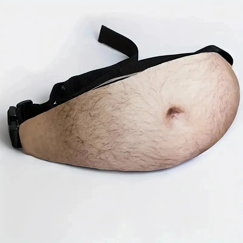 Fanny pack waist bag in flesh color with black strap, dad-bod money belt for travel.