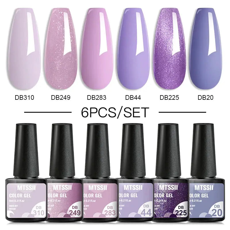 Gel nail polish set, 6-piece MTSSII in pink and purple glitter shades