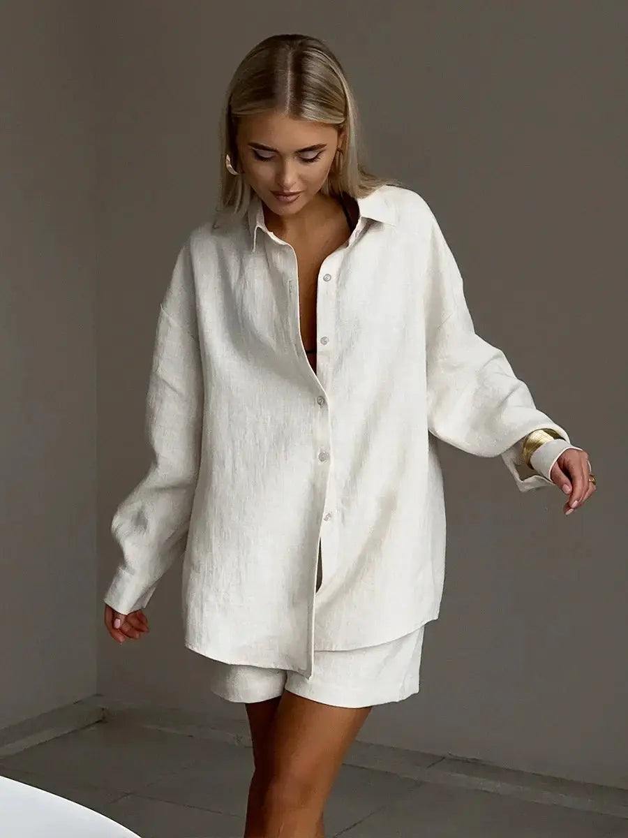Bornladies Cotton Shorts Set Lapel Long Sleeve Shirt Elastic Waist