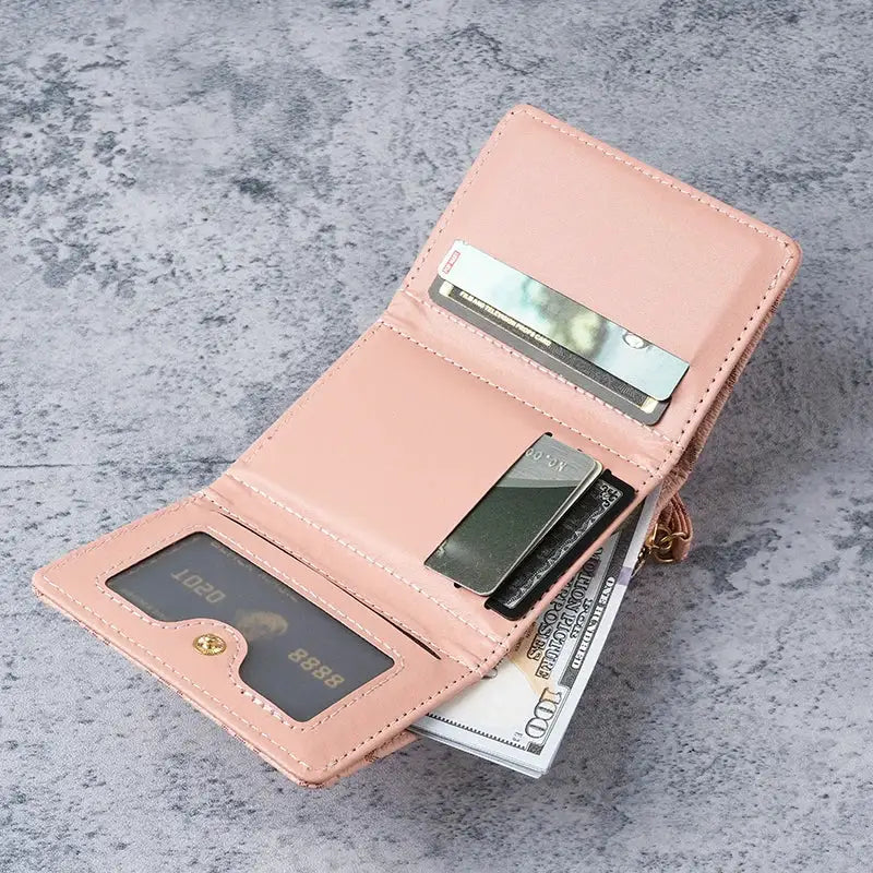 Simples Market pink PU women's short wallet with multiple card slots, clear ID window, and zip coin pocket