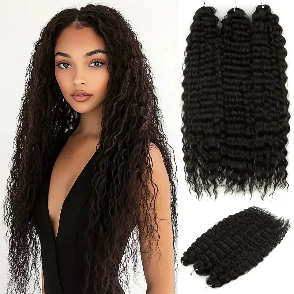 Simples Market Ariel Synthetic Twist Crochet Hair 22in water-wave extensions, black; includes 3 bundles and a weft