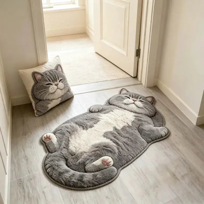 Simples Market cat-shaped area rug and matching cat-face pillow in gray and white plush (2-piece set)