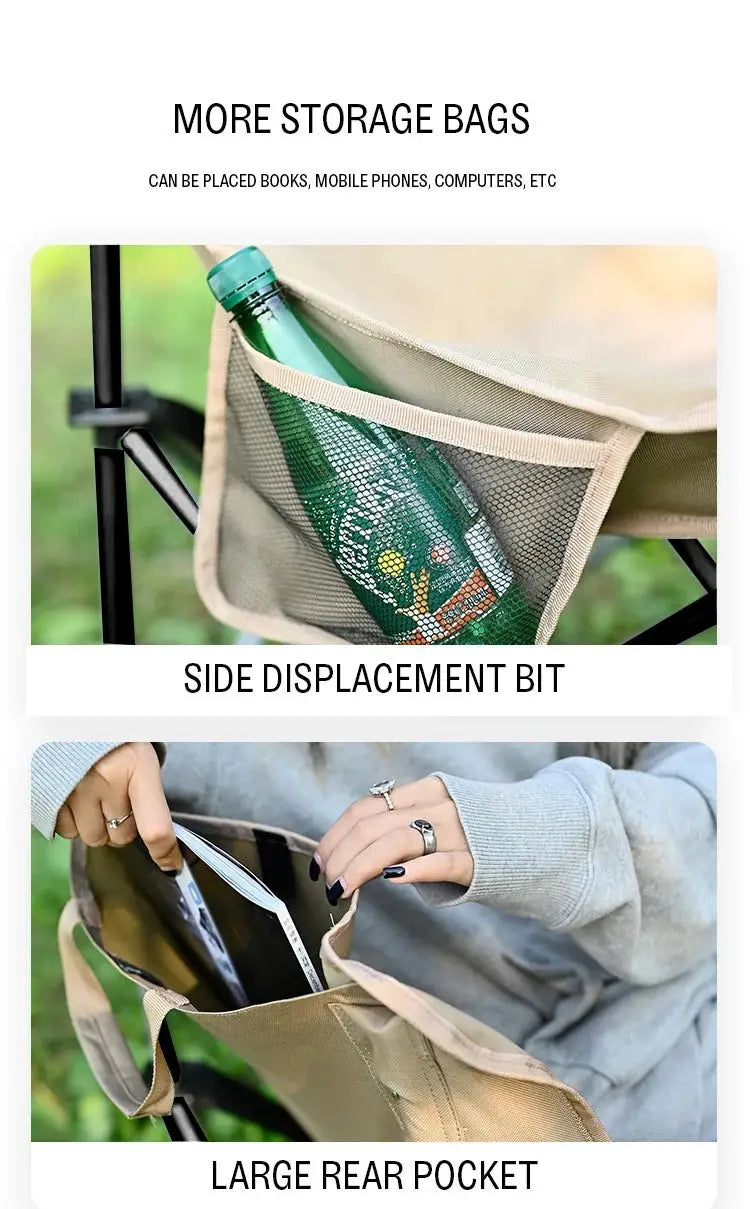 Beige outdoor folding moon chair with side bottle pocket and large rear pocket