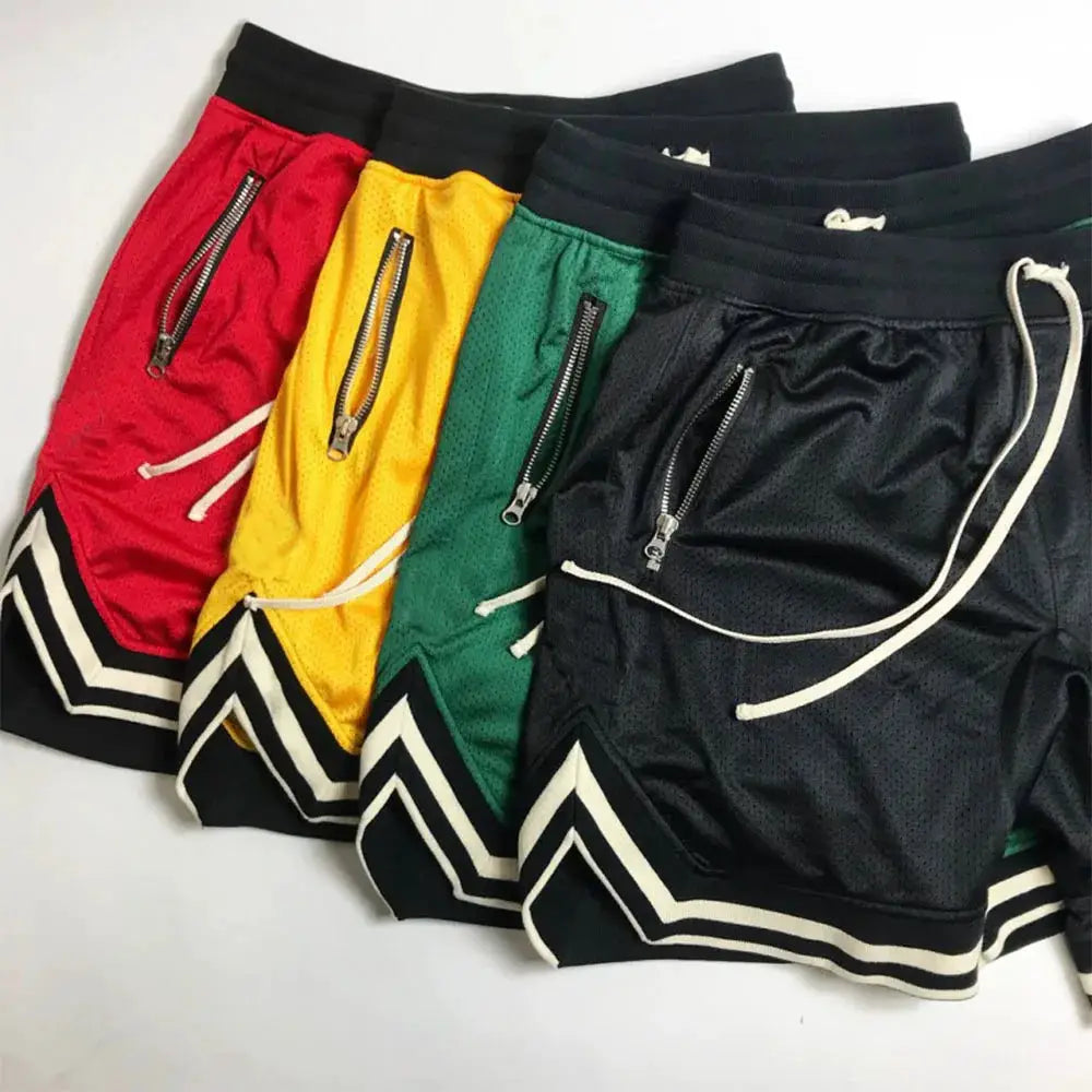 Men's basketball shorts 4-pack by Simples Market; mesh quick-dry fabric in red yellow green black with zipped pockets.