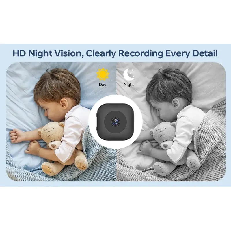 Smart 4K mini camera with night vision; compact black square lens centered between day and night sleeping scenes