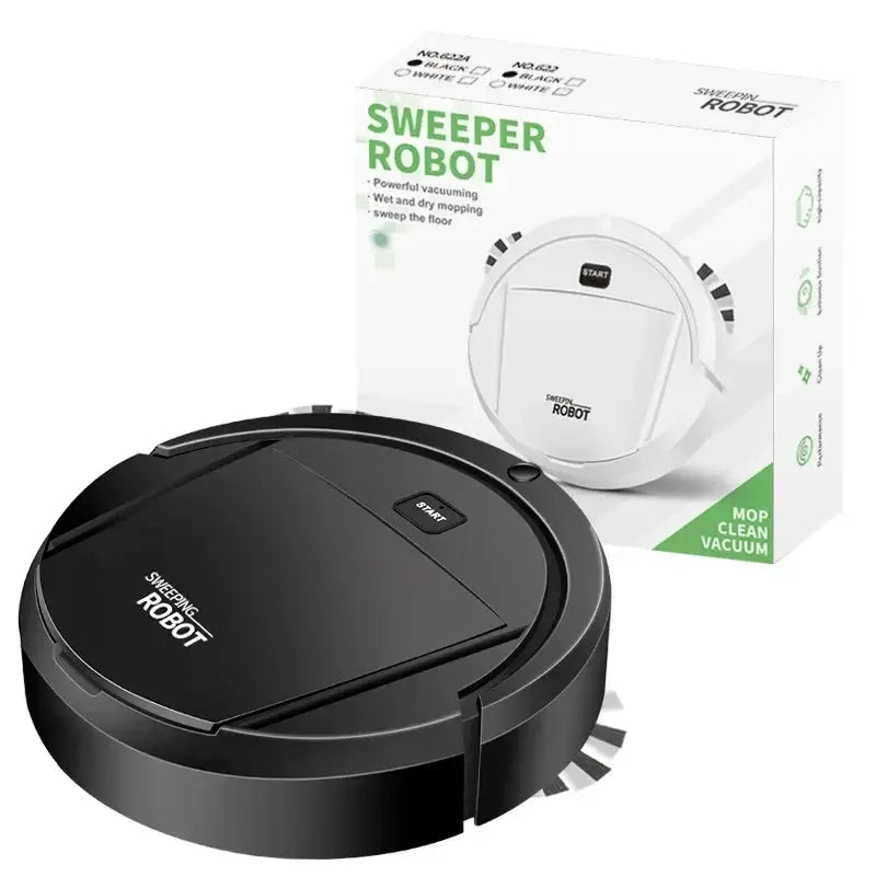 Black circular robot vacuum cleaner with Start button; packaging box in background labeled Sweeper Robot.