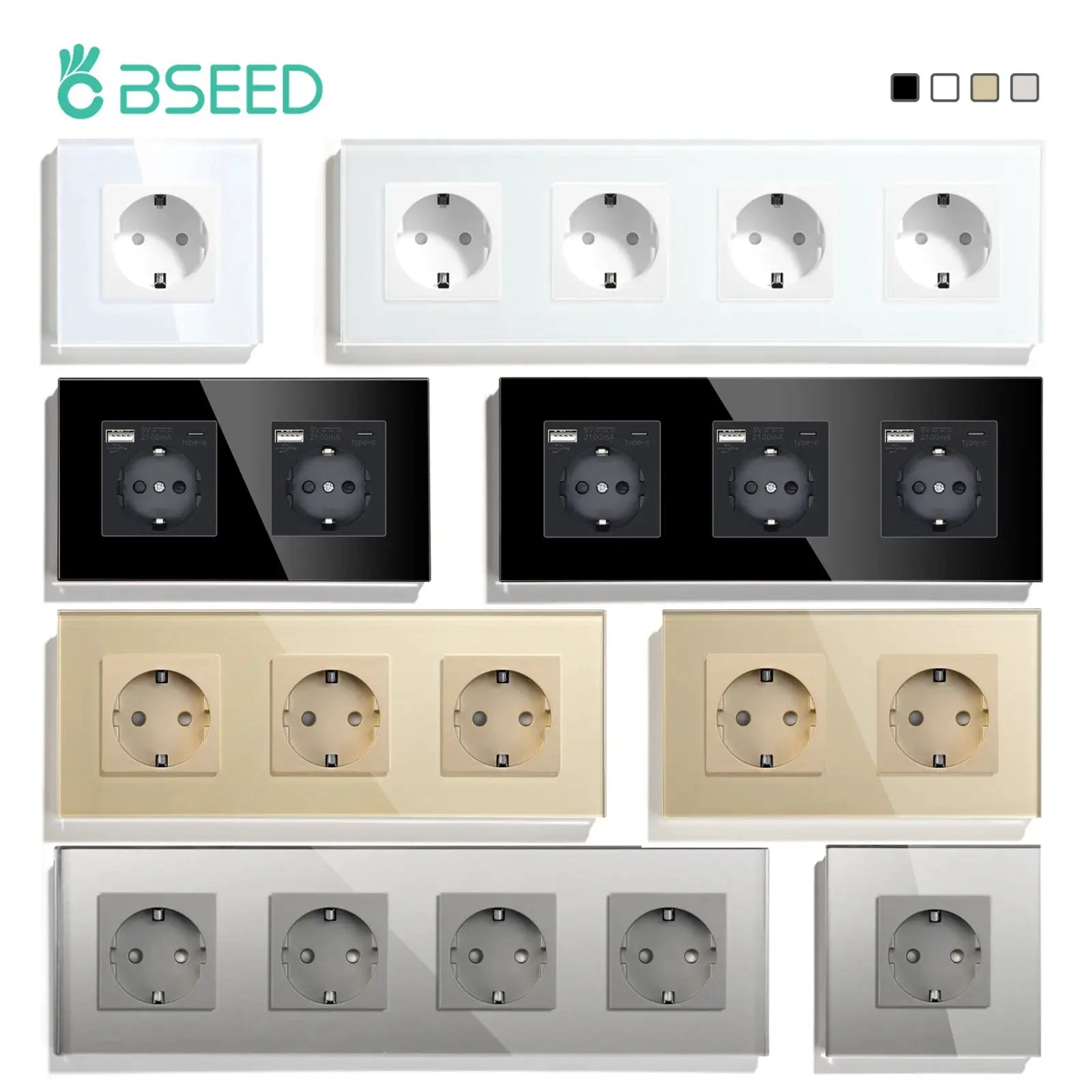 BSEED EU standard wall sockets with USB-C outlets; glass panel finishes in white and beige by Simples Market
