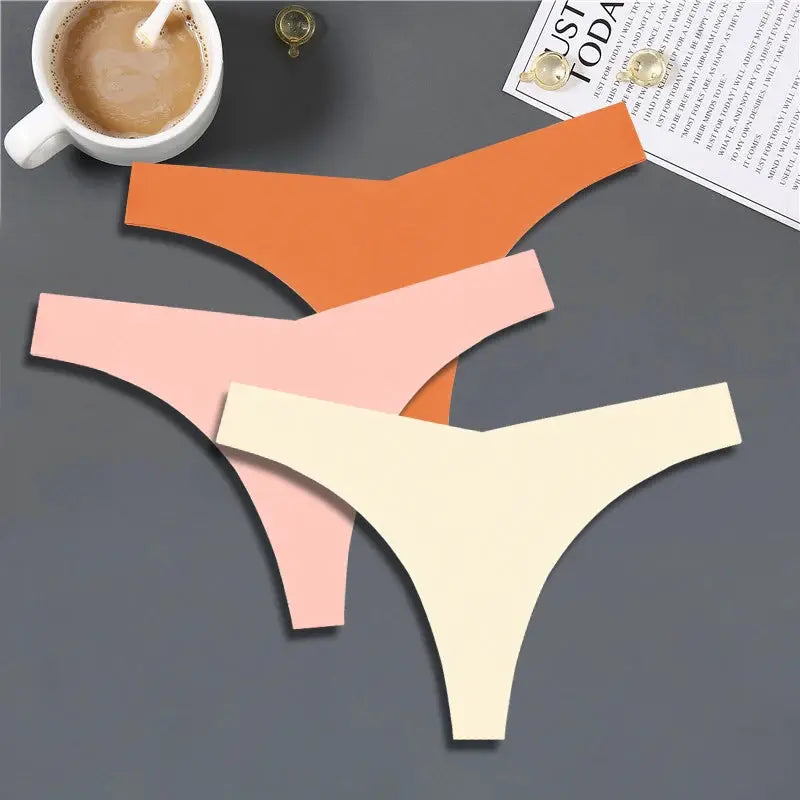 3-pack FINETOO ice-silk seamless thong panties with V-waist, low-rise, in orange, pink, and ivory