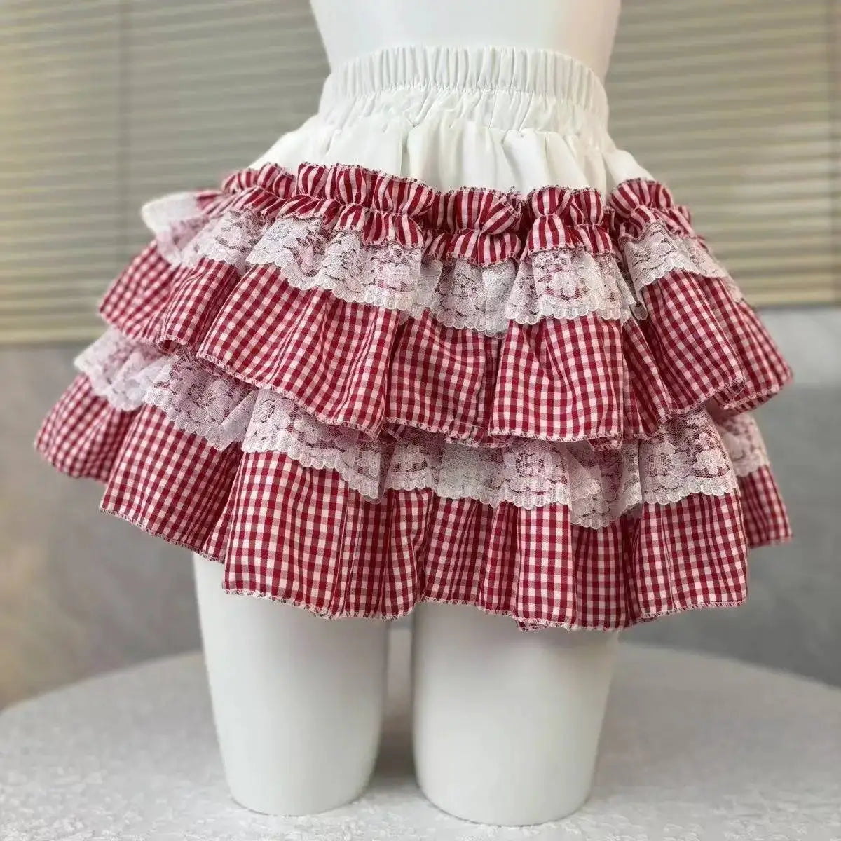 Lolita style cake skirt in red gingham with lace trim and tiered ruffles, elastic waist Simples Market