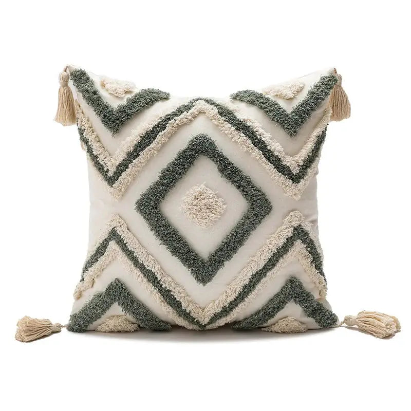 Simples Market pillow cover with tufted green and cream diamond pattern and tassels, 45x45cm